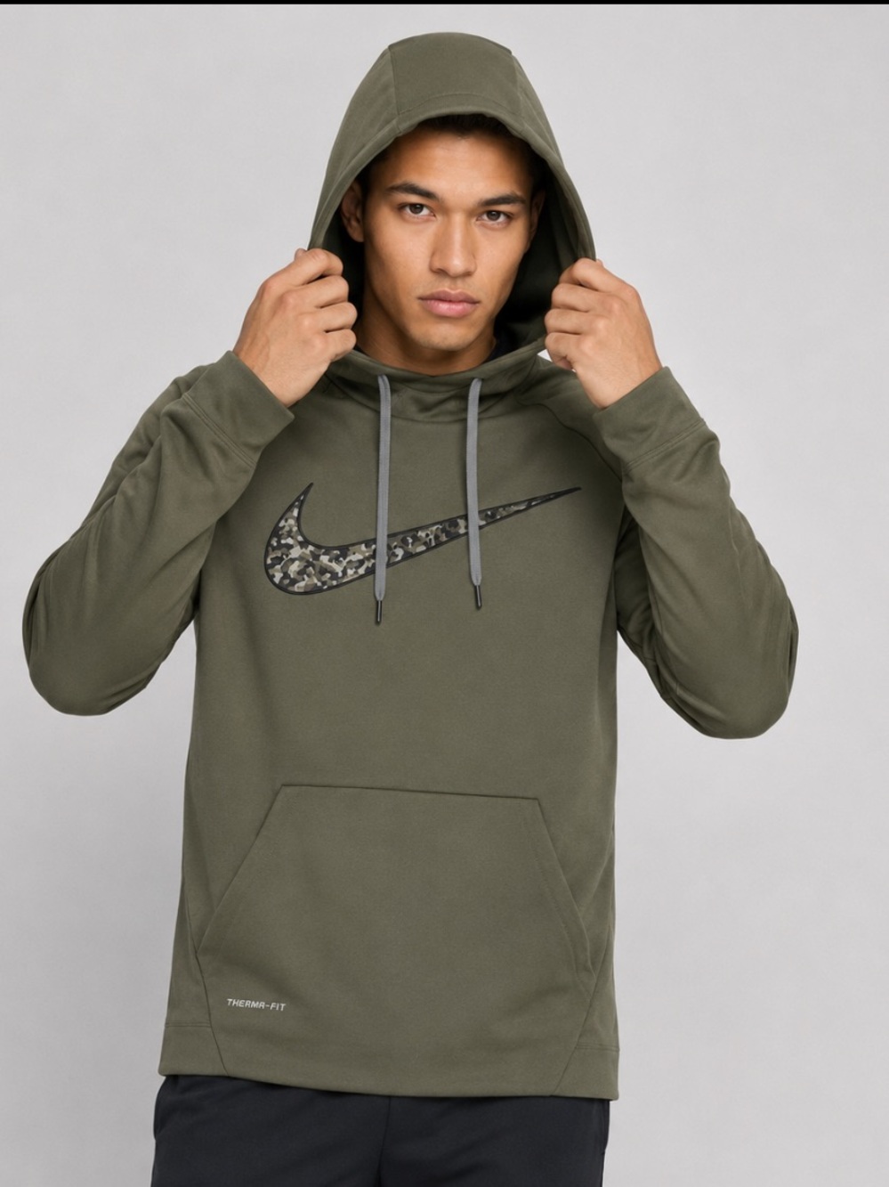 Nike Therma-FIT Men’s Camo Swoosh Pullover Hoodie Olive Green XL